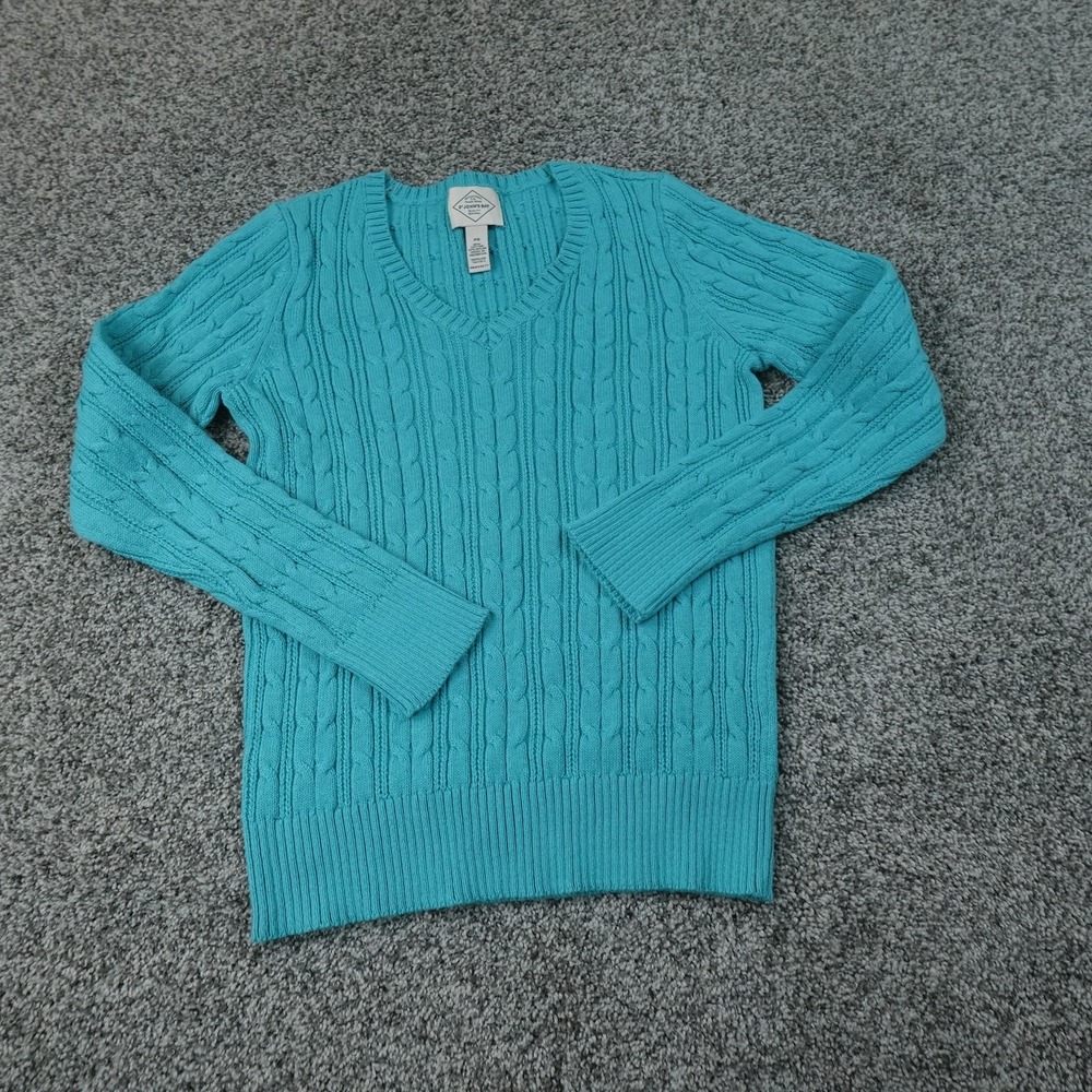 St Johns Bay Sweater Womens PS Blue Aran Cable Knit V Neck Pullover Casual Top